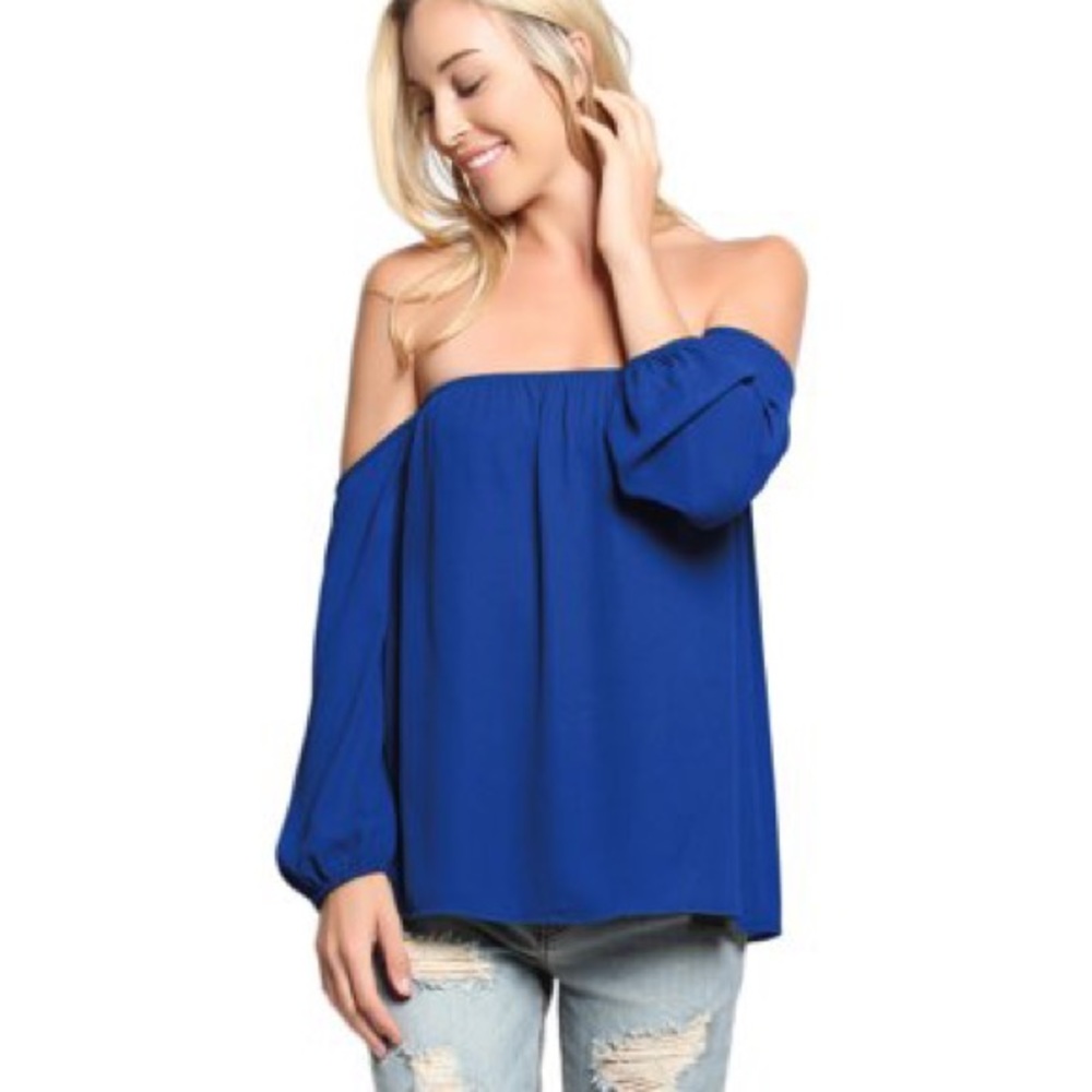 Blue off the shoulder chiffon long sleeve
